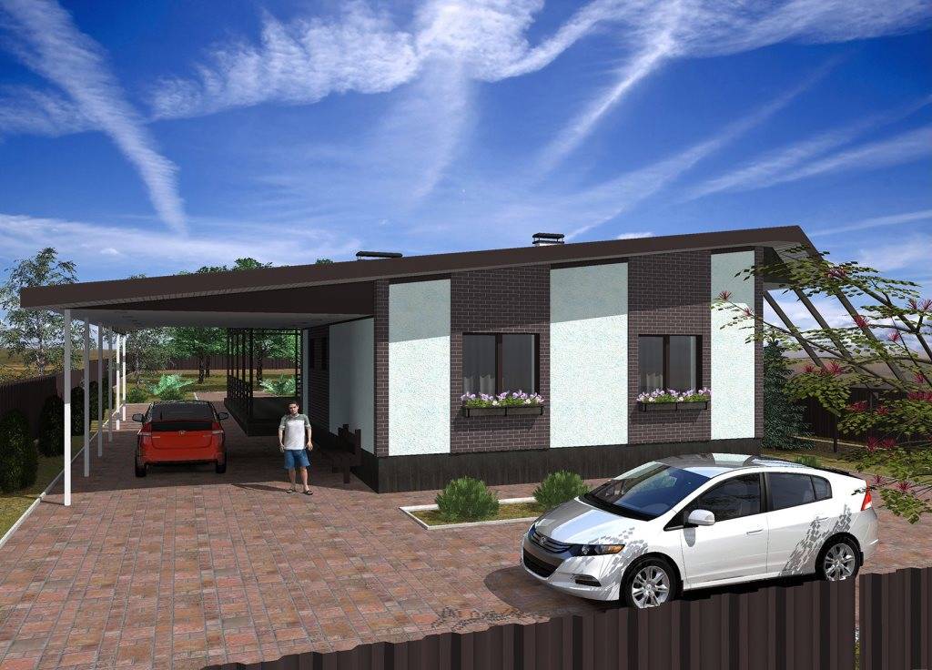Одноэтажный индивидуальный жилой дом с террасой и навесом для двух автомобилей, общей площадью 125 м.кв.