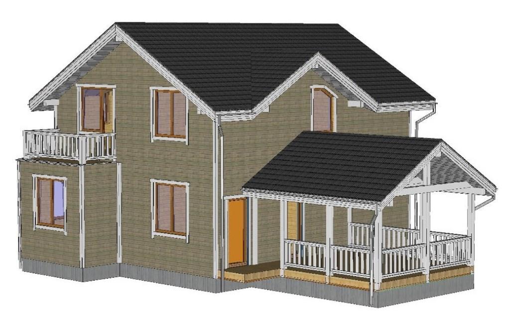 Каркасный деревянный дом с террасой и балконом